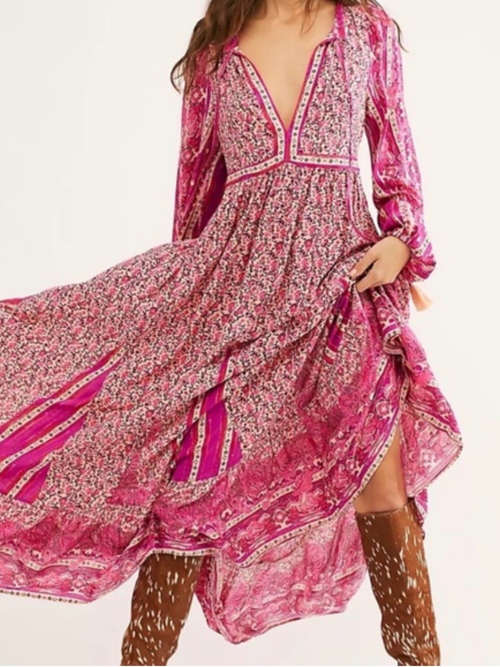 Free People Fuchsia Pink Floral High-Low Boho Maxi Dress